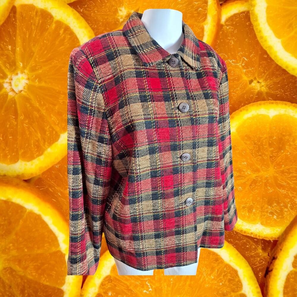 Sag Harbor Women's Red & Tan Plaid Tweed Button Front‎ Blazer Jacket Size 14